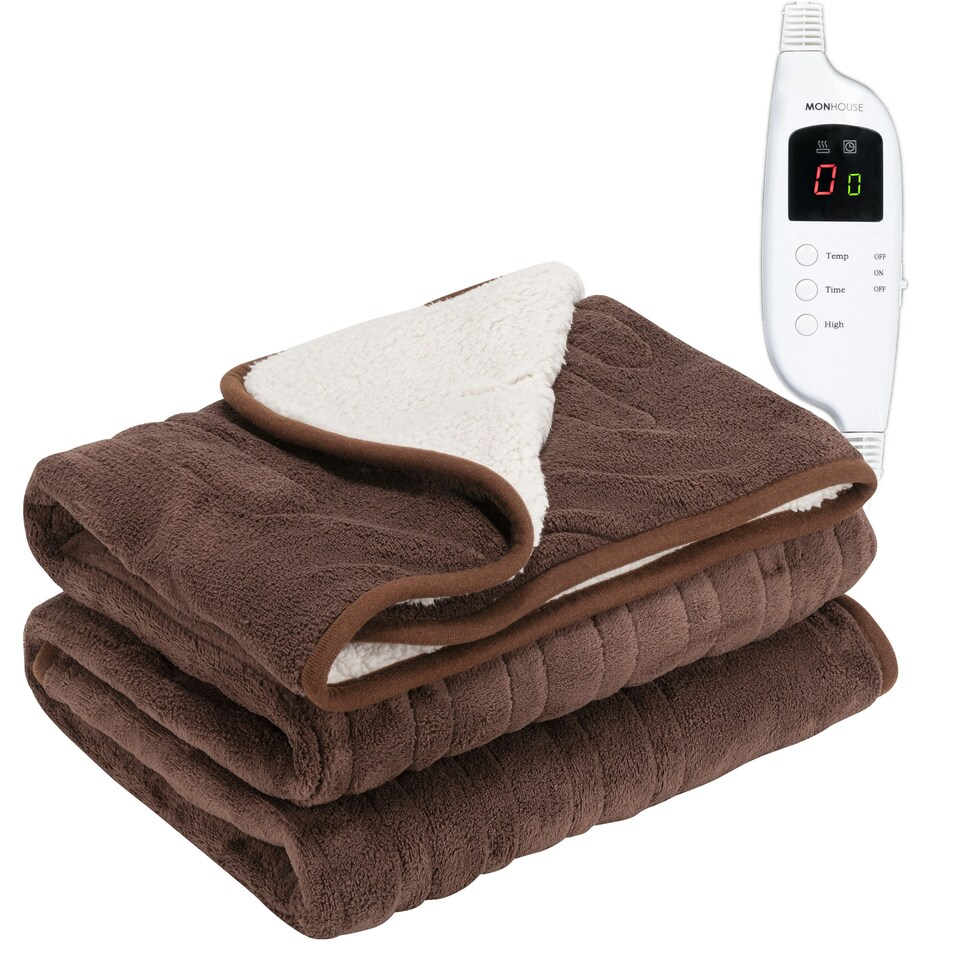 image 1 of MONHOUSE Heated Throw - Electric Blanket - Digital Controller - Timer up to 9 hours, 9 Heat Settings, Auto Shutoff - Single 130X160cm - Brown Shearling
