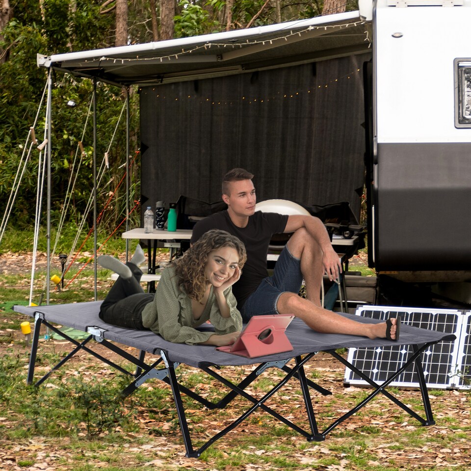image 1 of Outsunny Double Camping Bed Camping Cot Foldable Sunbed Outdoor Patio Sleeping Bed Super Light with Carry Bag (Grey)