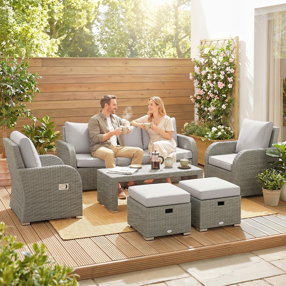 image 1 of Outsunny Rattan Garden Furniture Set with Recliners, Footstools, Light Grey | Grey | Light Grey