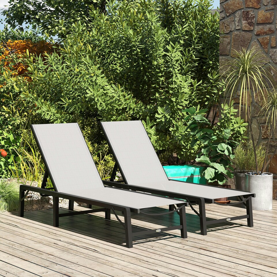 image 1 of Outsunny Folding Sun Lounger Set of 2, 5-Position Reclining Sun Bed Grey