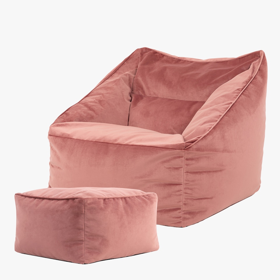 image 1 of Natalia Velvet Adults Bean Bag Armchair and Pouffe, Ready Filled Large Beanbag and Footstool Dusk Pink | Pink | Dusk Pink | XL | 2