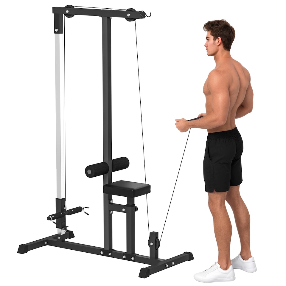 image 1 of HOMCOM Lat Pull Down Machine with Extra Pulley for Seated Rows, Cable Machine Pulley System with Adjustable Seat for Home Gym