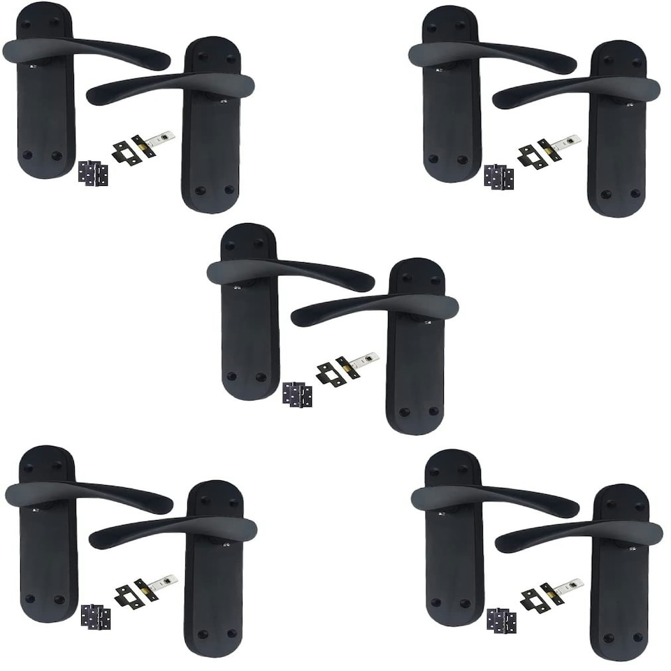 Golden Grace 5 Sets Astrid Door Handles on Backplate in Matt Black Finish with Ball Bearing Hinges & 64mm Tubular Latch - 182mm x 45mm Backplate Black