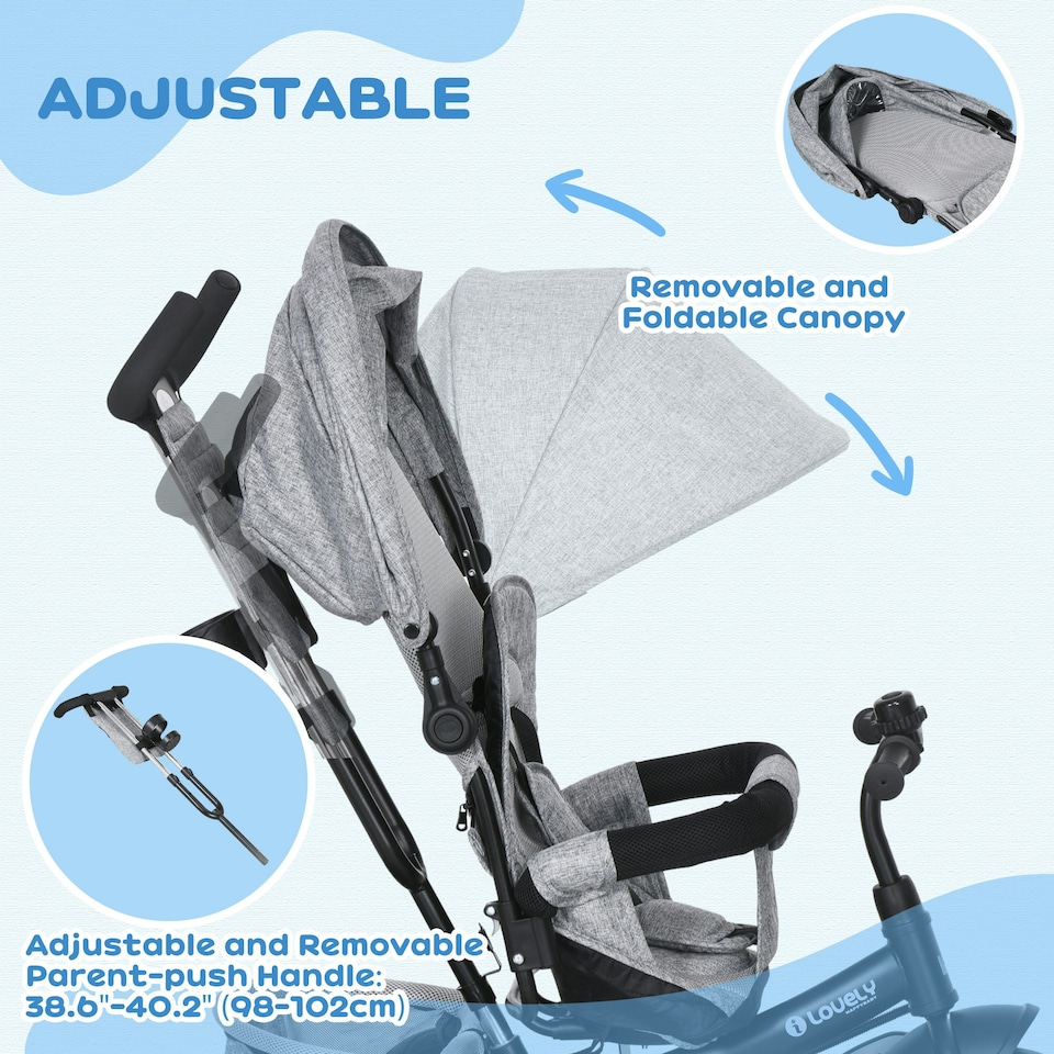 image 1 of HOMCOM 6 in 1 Kids Trike, Stroller with Parent Handle, Grey