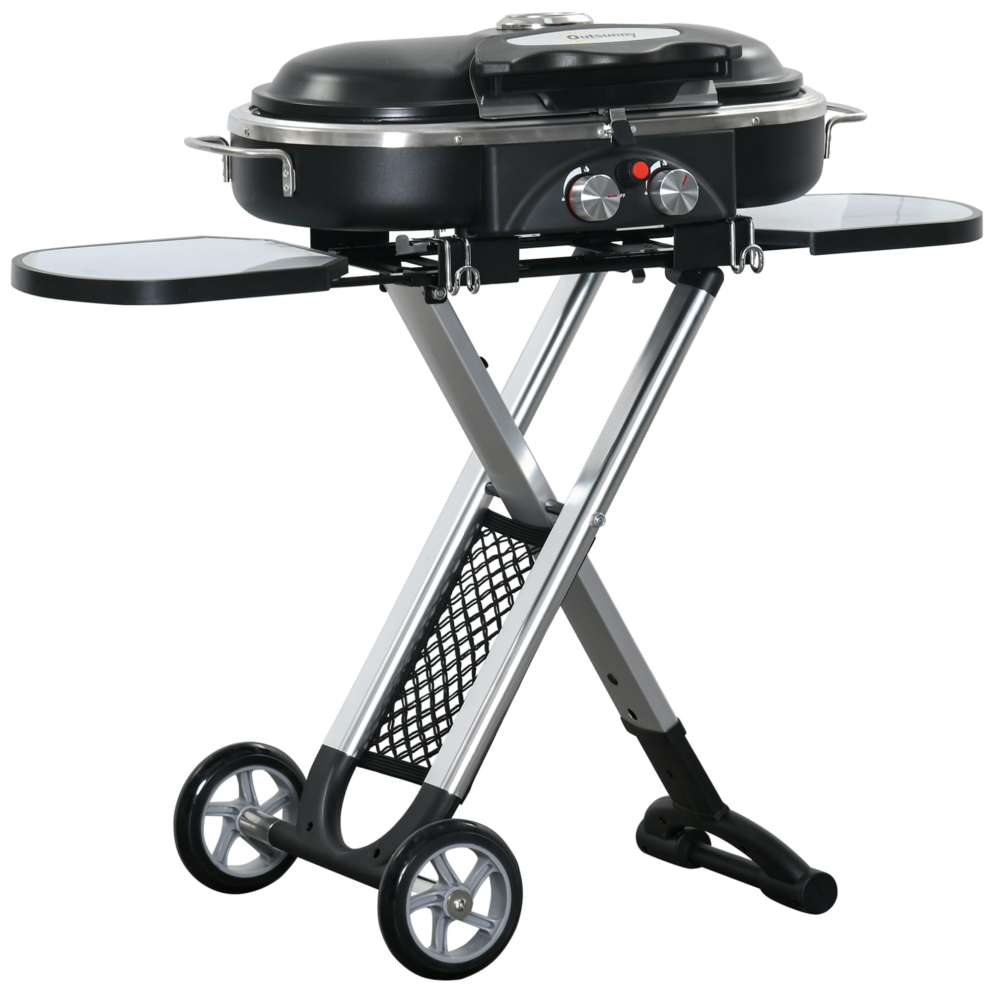 Outsunny 2 Burner Gas BBQ Grill Trolley w/ Side Shelves Storage Pocket | Black | Black | 100 x 41.6 x 82.5 cm