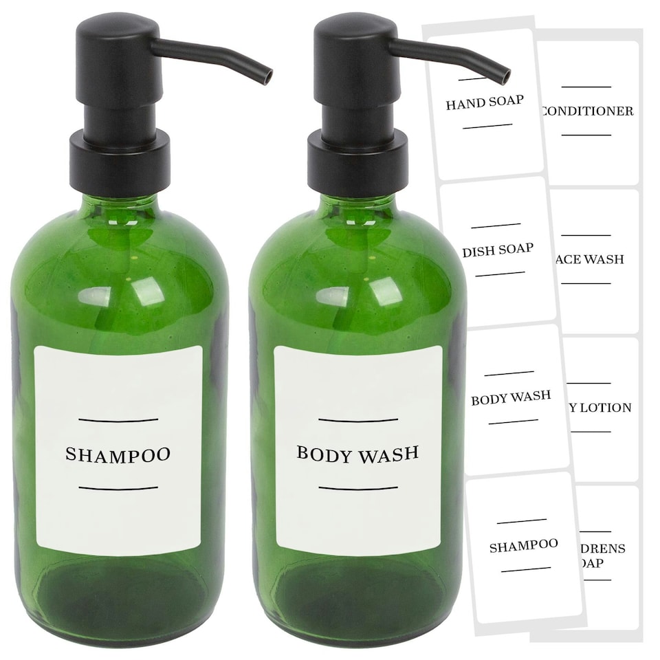 image 1 of Harbour Housewares Glass Soap Dispensers with Labels - 500ml - Green/White - Pack of 2