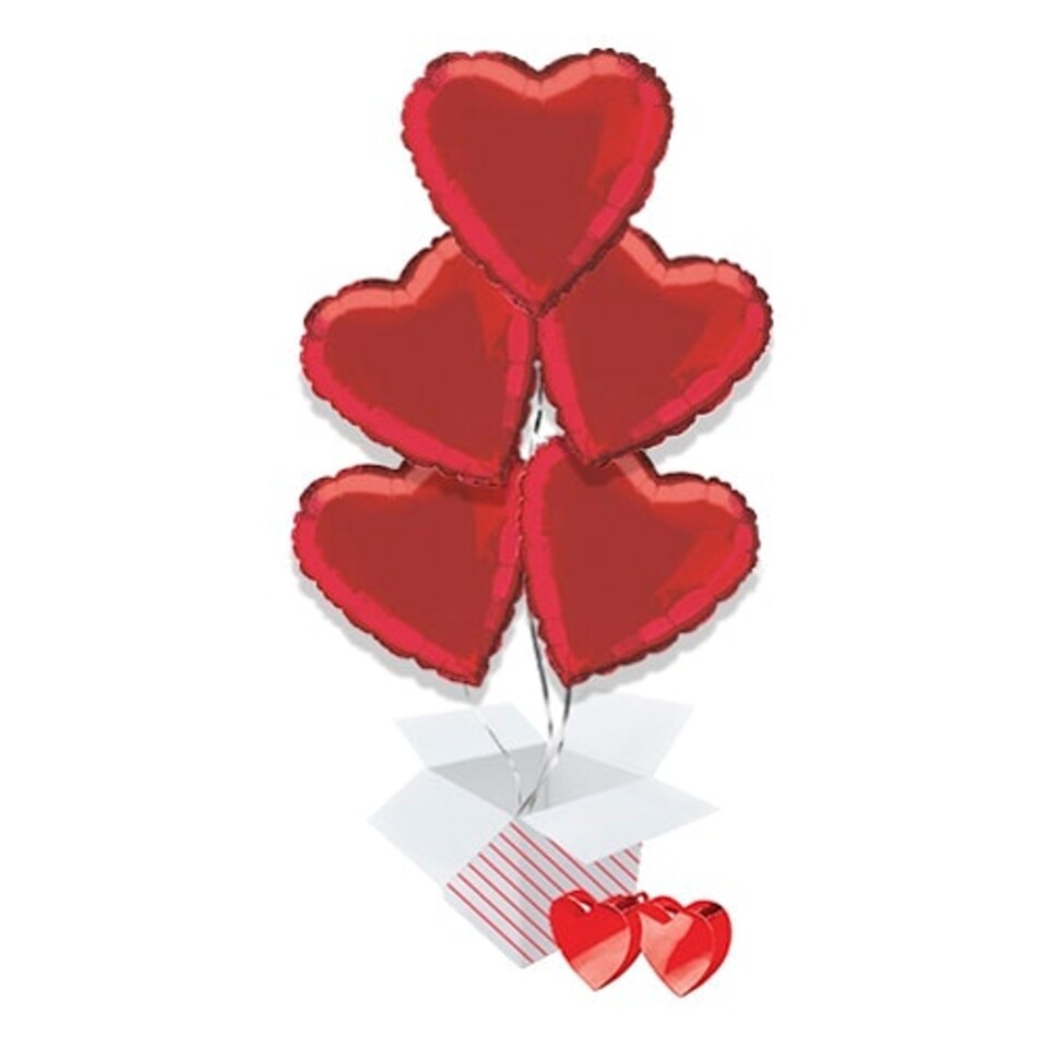 Crimson Red Heart Foil Helium Balloon Bouquet - 5 Inflated Balloons In A Box