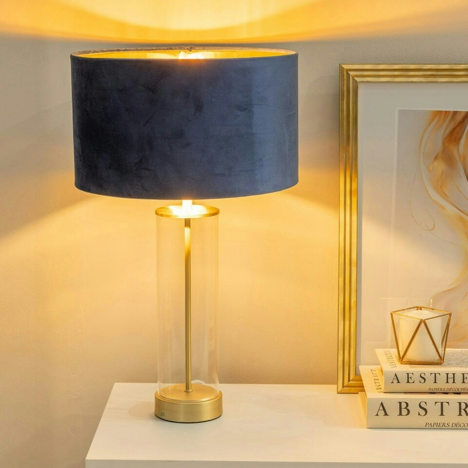 image 1 of ValueLights Balan Glass with Gold Table Lamp and Navy Blue Velvet with Metallic Gold Inner Lamp Shade Blue