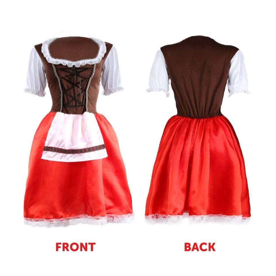 image 1 of Red Riding Hood Costume - Dress, Cape, Tights & Wolf in Basket Red | XL