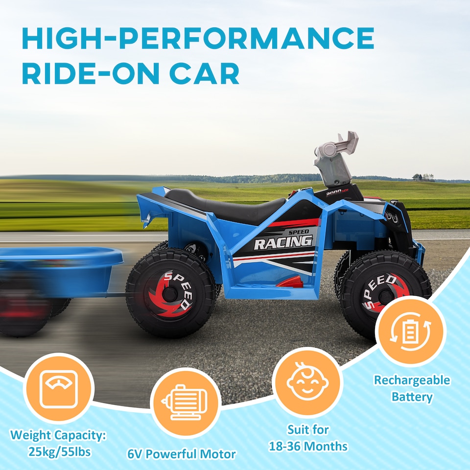 image 1 of HOMCOM Electric Quad Bike, 6V Kids Ride On All-Terrain with Back Trailer for Ages 18-36 Months - Blue