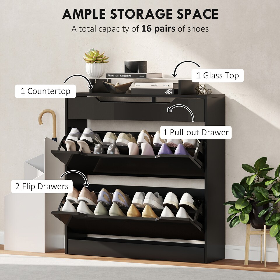 image 1 of HOMCOM Shoe Cabinet with 3 Drawers, High Gloss Front Panels, Glass Top Black | Black
