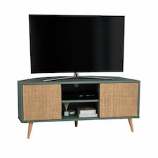 Decorotika Lesson 120 cm Corner TV Unit for TVs up to 51 inches with Cabinets and Open Shelves | Green | Silva Green and Rattan Pattern | One Size | 1