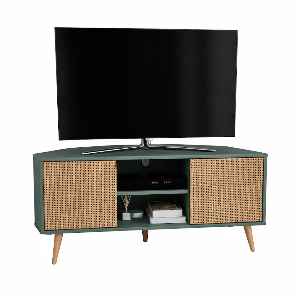 image 1 of Decorotika Lesson 120 cm Corner TV Unit for TVs up to 51 inches with Cabinets and Open Shelves | Green | Silva Green and Rattan Pattern | One Size | 1