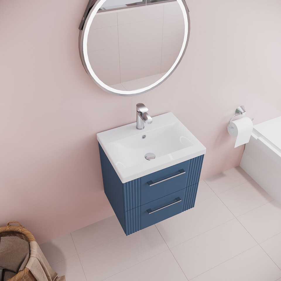 image 1 of Wall Hung 2 Drawers Vanity Unit - Mid-Edge Basin 500mm, Satin Blue | Blue | Satin Blue | 390 x 510 x 540mm