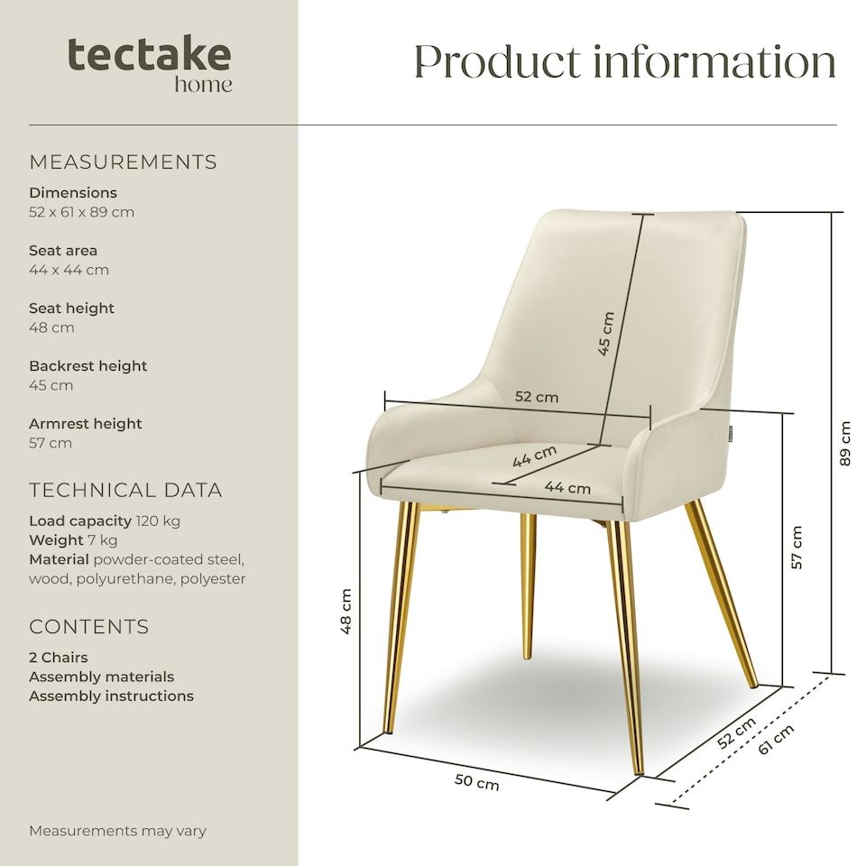 image 1 of Dining Chair Avane - velvet look, padded armchair, high backrest and armrests - Set of 2 Cream | Beige