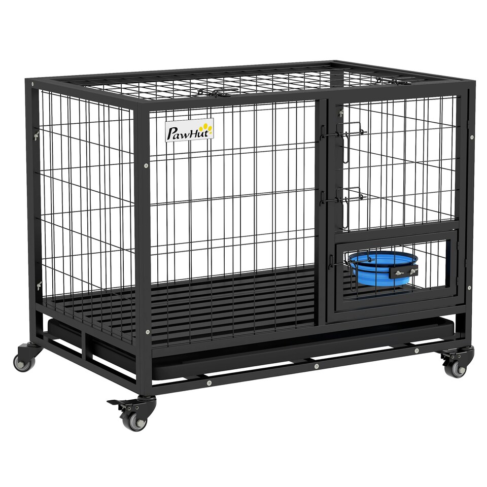 image 1 of PawHut 36" Heavy Duty Dog Crate on Wheels w/ Bowl Holder, Removable Tray