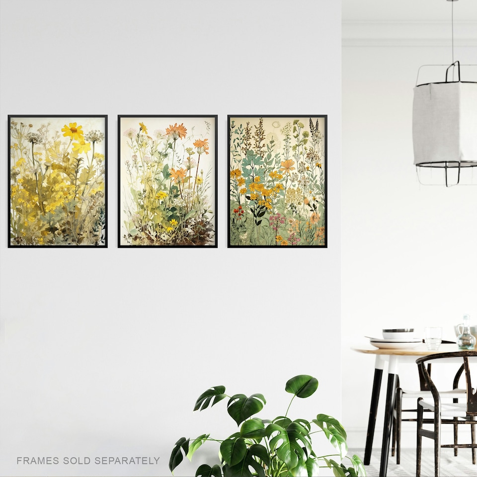 image 1 of Set of 3 Wildflowers Vintage Pastel Floral Artwork Spring Flower Meadow Wall Art Living Room Prints 12x16 Inch