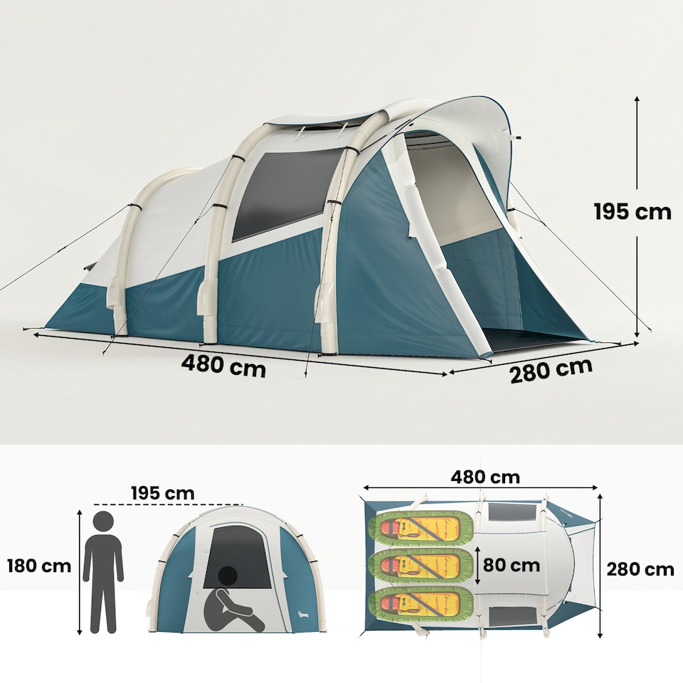 image 1 of Outsunny Inflatable Camping Tent w/ Air Pump, 2-3 Person Blow Up Tent | Green | Green and White | 480 x 280 x 195 cm