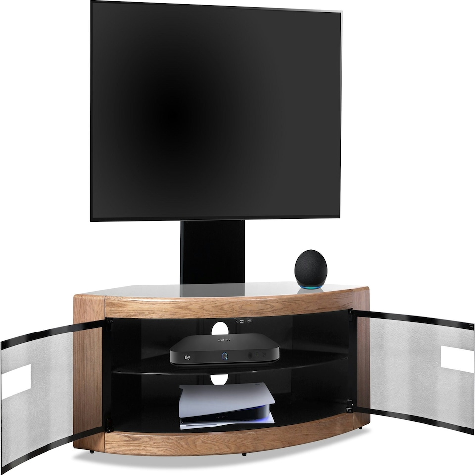 image 1 of Centurion Supports PANGEA Black/Oak Beam-Thru Curved True-Corner 32"-50" TV Cabinet with Mounting Arm Black | Oak