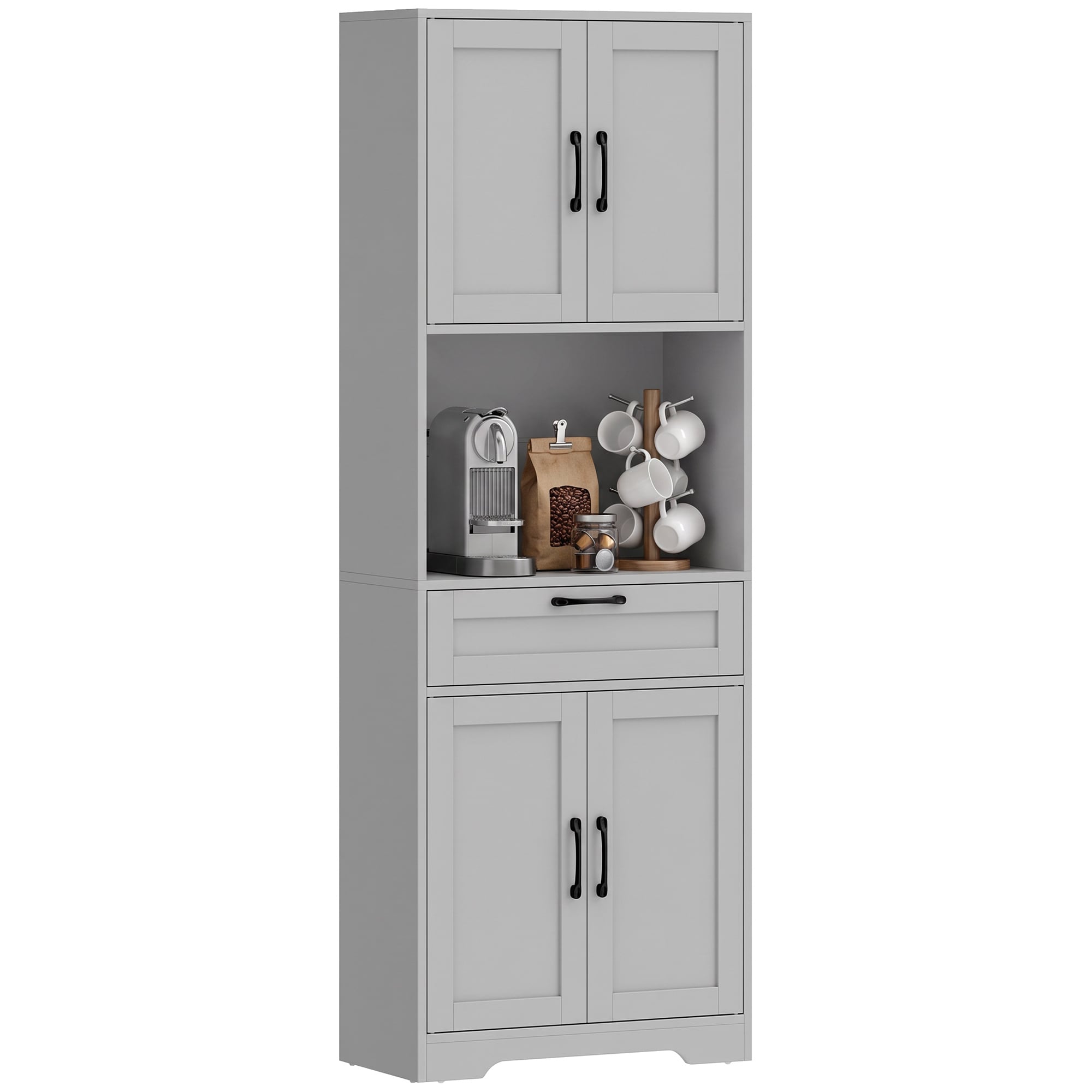 Homcom 170Cm Tall Kitchen Pantry With Adjustable Shelves, 4 Doors, Grey, Grey