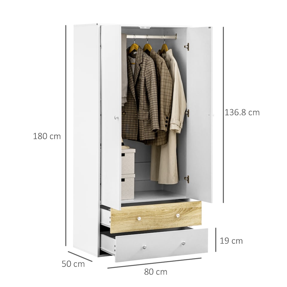 image 1 of HOMCOM 2-Door Wardrobe with 2 Drawers, Hanging Rod and Anti-tipping Straps for Bedroom Clothes Storage Organisation, White