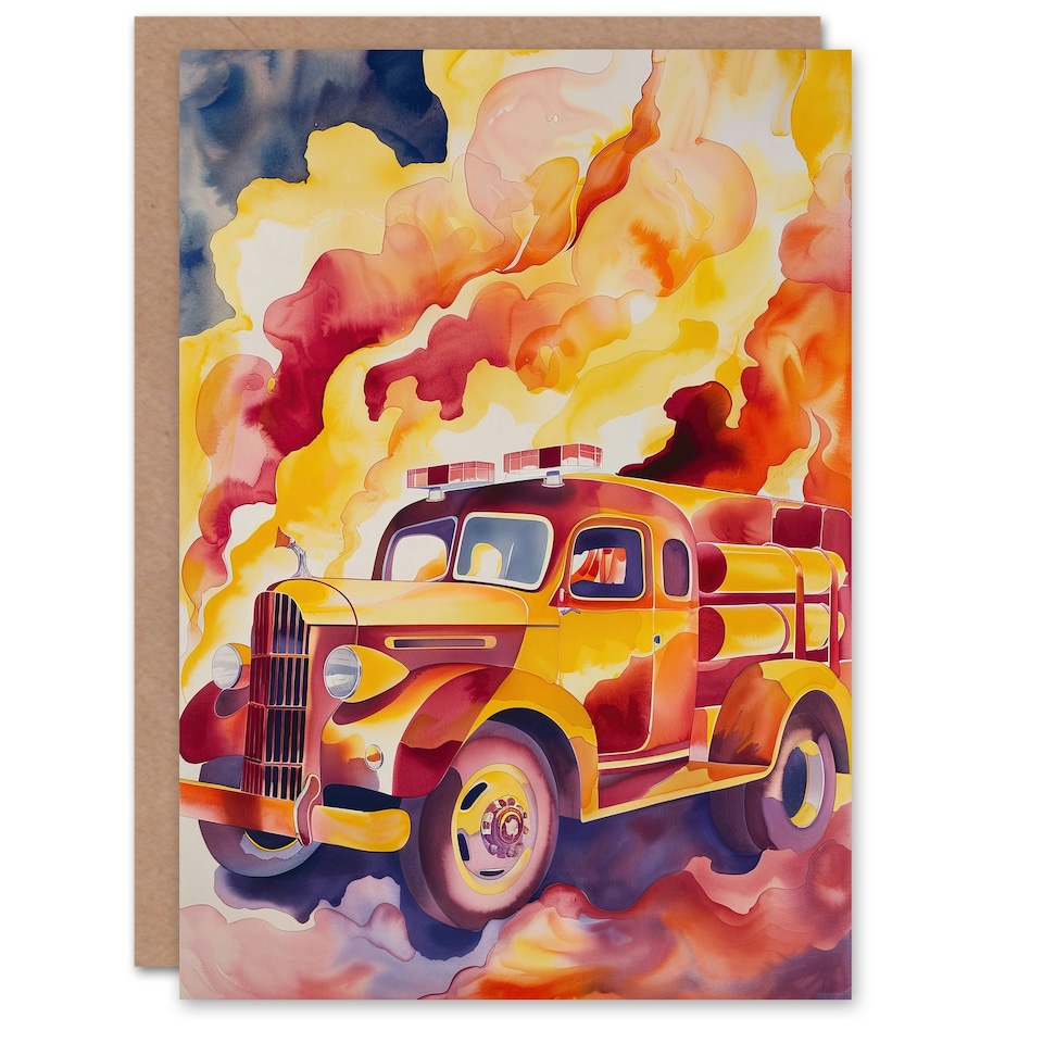 image 1 of Fire Truck On Orange Lilac Red Watercolour Him Her Birthday Card