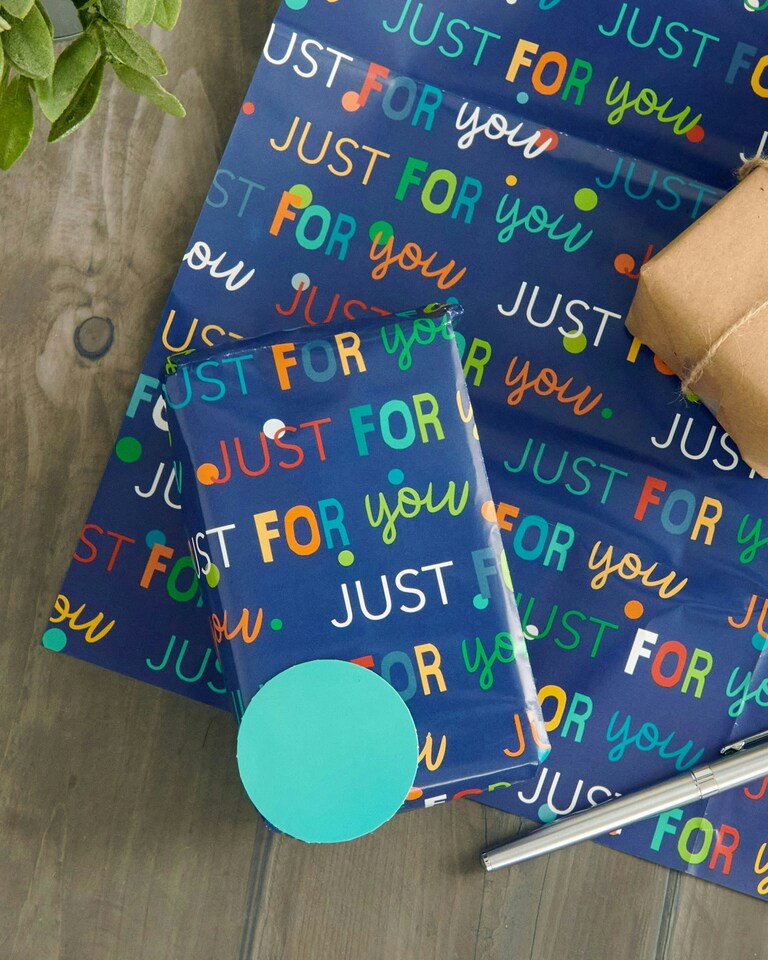 image 1 of Multipack of 6 Sheets of Wrapping Paper & 6 Tags | Birthdays | For Him | Just for You Design | Blue