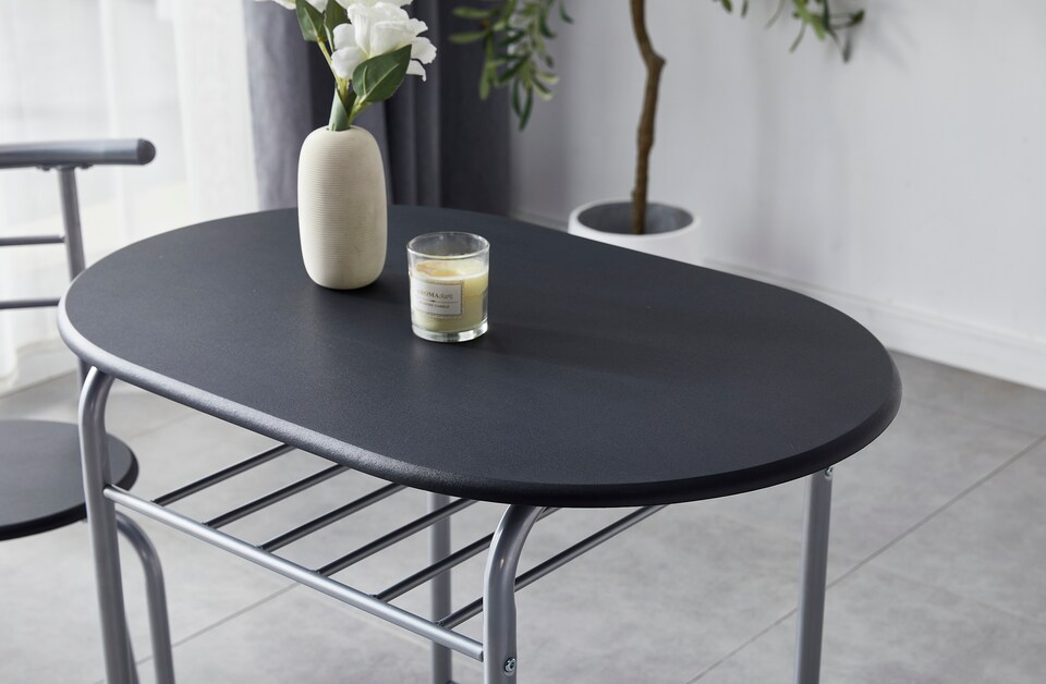 image 1 of Kitchen Breakfast Bar Small Dining Table and 2 chairs Set with Metal frame -Black