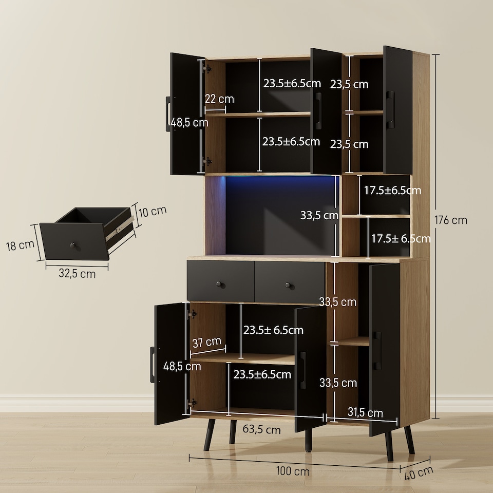 image 1 of HOMCOM Tall Kitchen Cupboard with LED Lights and Adjustable Shelves, Oak
