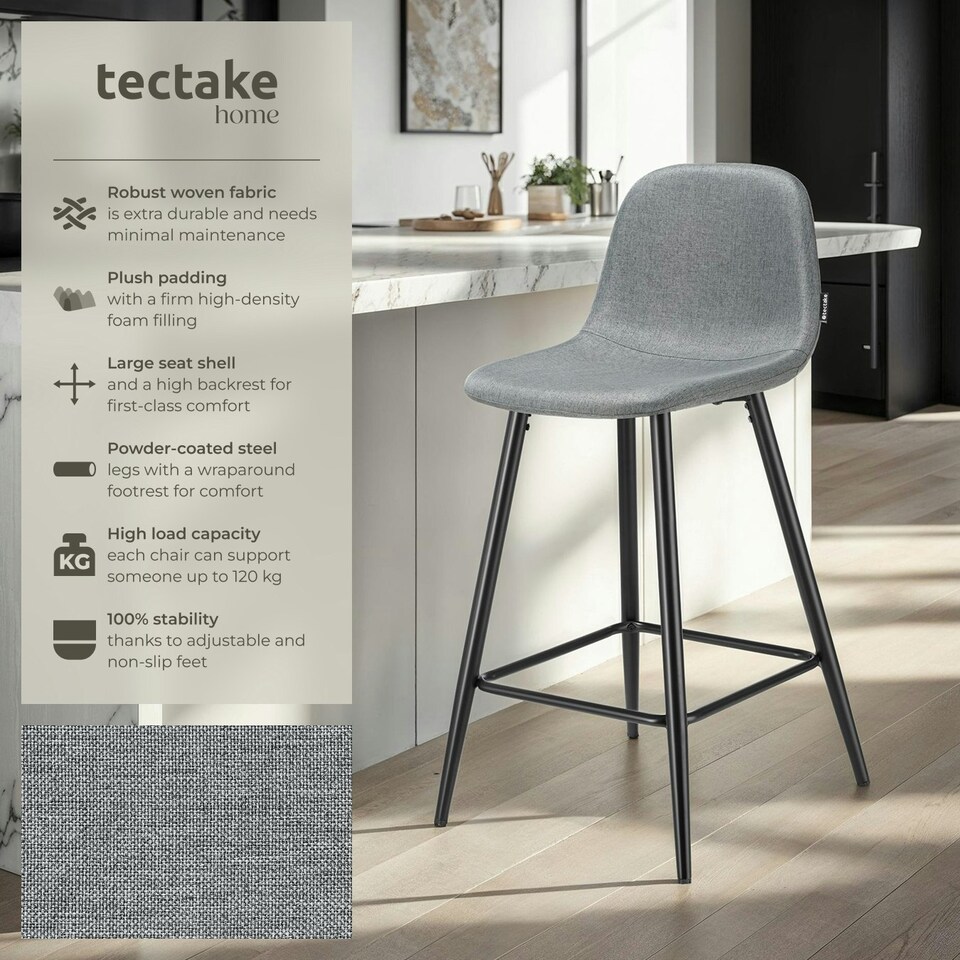 image 1 of Bar Stool Willow with backrest, upholstery and woven cover - Set of 2 Grey | Dark Grey/Black