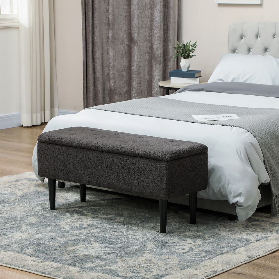 image 1 of HOMCOM 57L Storage Ottoman, End of Bed Bench with Wooden Legs, Fabric Footstool for Living Room, Bedroom, 95 x 38 x 45cm, Dark Grey | Grey | Dark Grey