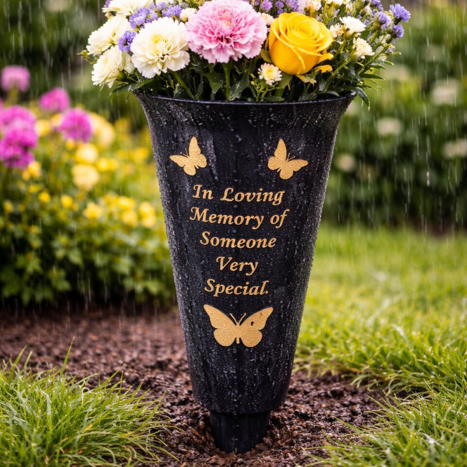 image 1 of Dad Plastic Spike Memorial Graveside Flower Vase With Butterfly Decoration