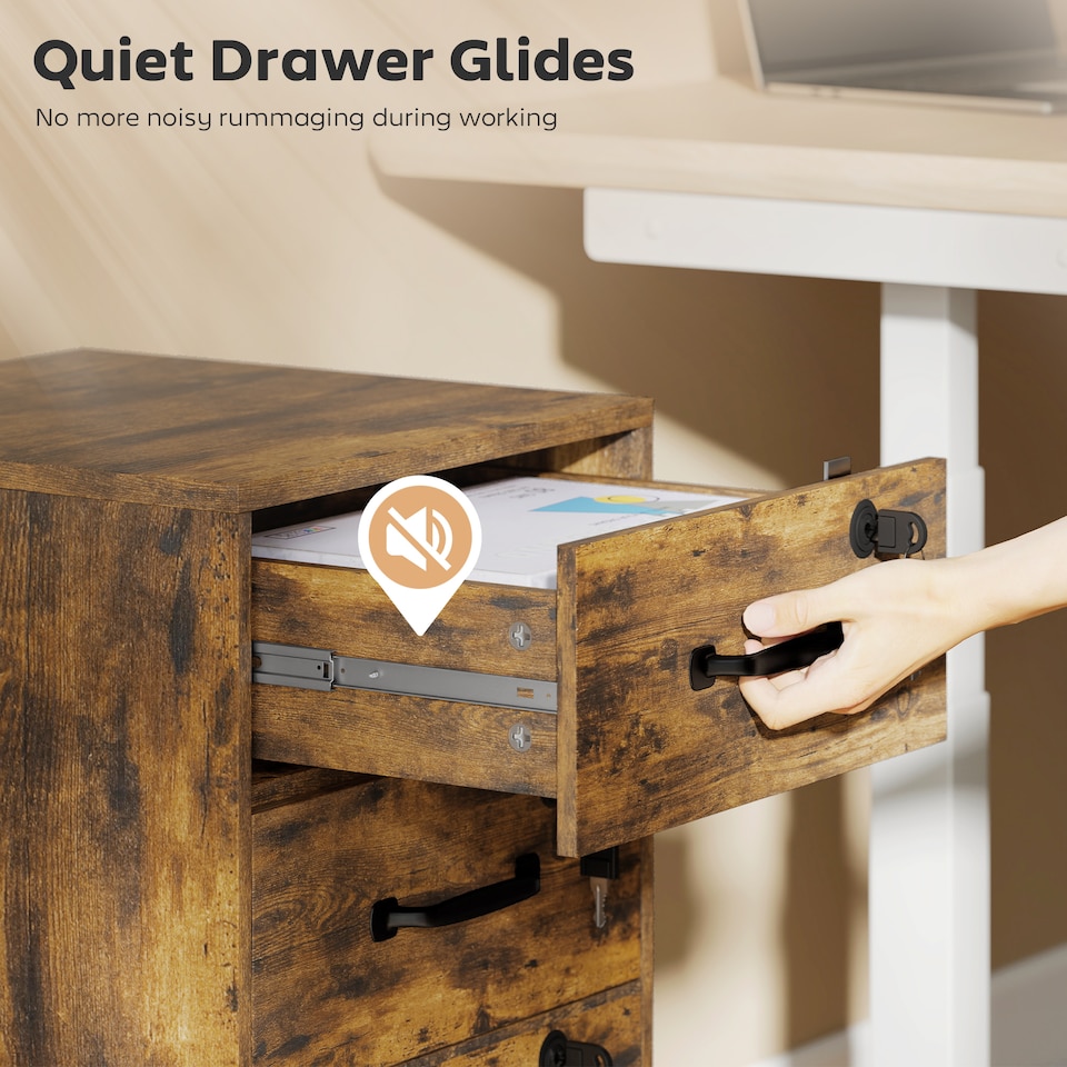 image 1 of HOMCOM Mobile Filing Cabinet with 3 Drawers and Wheels, Lockable Rolling Under Desk Drawers for A4 and Letter Sized Hanging File Holders, Printer Stand for Home Office, Rustic Brown | Brown | Rustic Brown