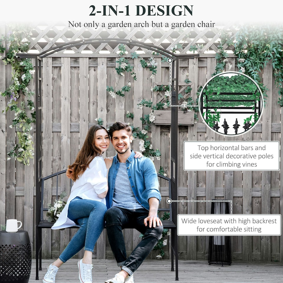 image 1 of Outsunny Garden Arbor Arch Metal Bench Loveseat Outdoor Decoration Patio
