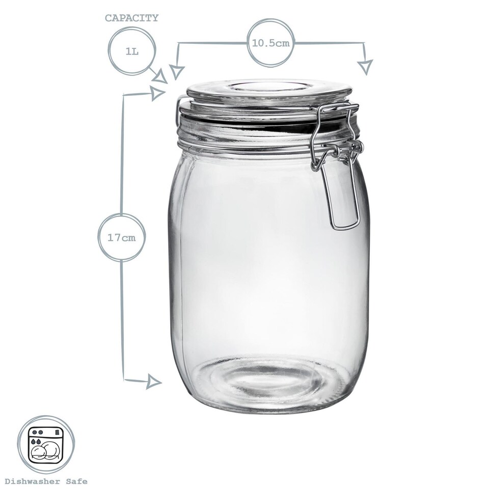 image 1 of Argon Tableware 6x Glass Storage Jars & Heart Labels Set - 1 Litre - 4 Seals Airtight Kitchen Storage Container Preserving Jar