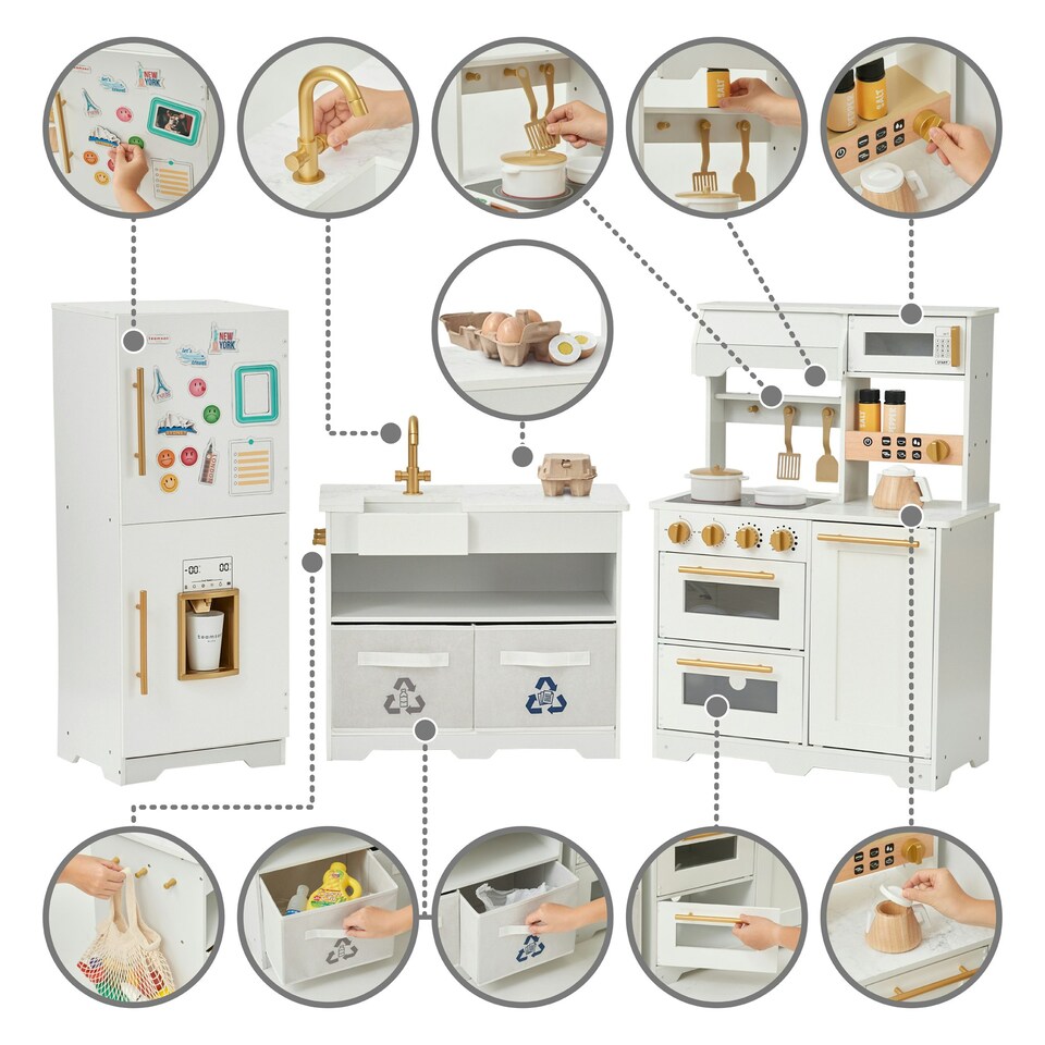image 1 of Teamson Kids Little Chef Atlanta Modular Play Kitchen in White & Gold with 17 Accessories, Magnetic Fridge & Realistic Details