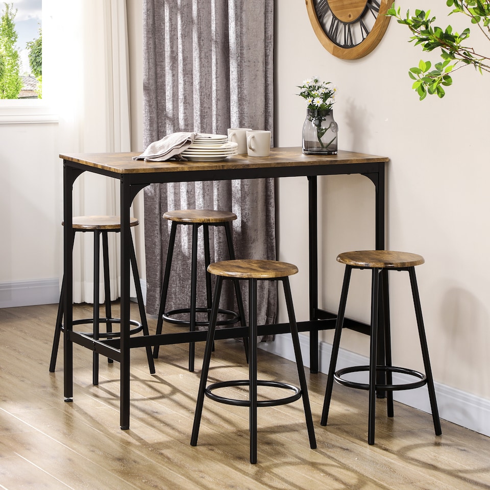 image 1 of HOMCOM 5 Piece Bar Table and Stools Set with Metal Frame Rustic Brown | Brown