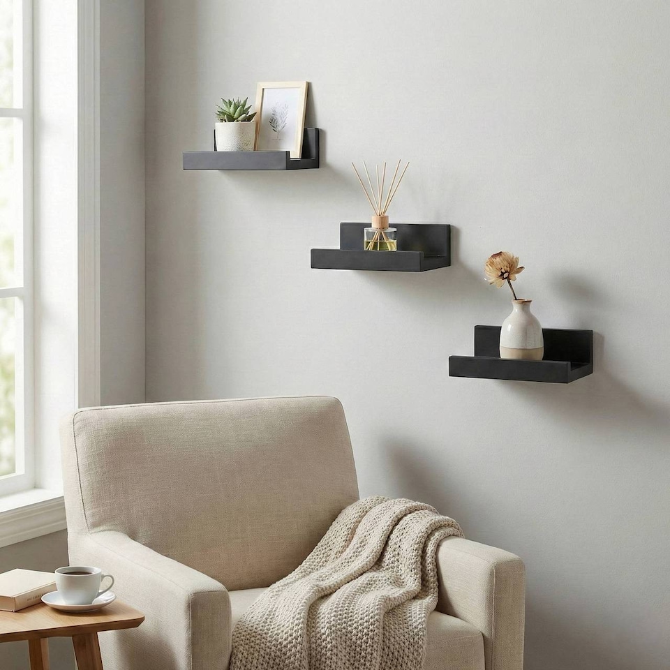 image 1 of 3 Piece Floating Wall Shelf Set | Black | Black & Set of 3 | 3