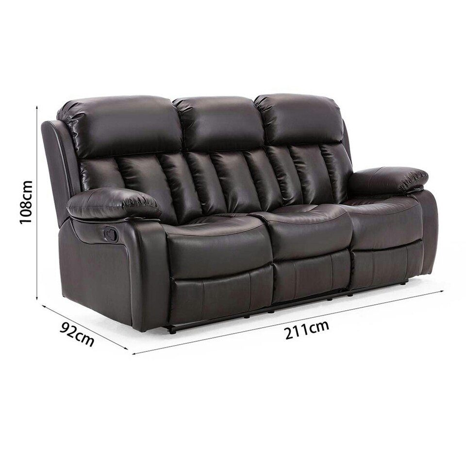 image 1 of Chester 3 Seater Manual High Back Bonded Leather Recliner Sofa (Brown