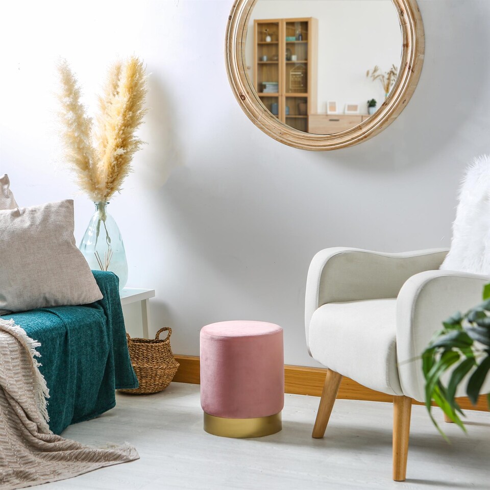 image 1 of Harbour Housewares Round Velvet Pouffe - 29 x 36cm - Pink | Pink | Pink