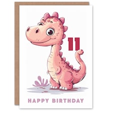 Cute Pink Dinosaur Cartoon Kids Age 11 Year Kids 11th Birthday Card
