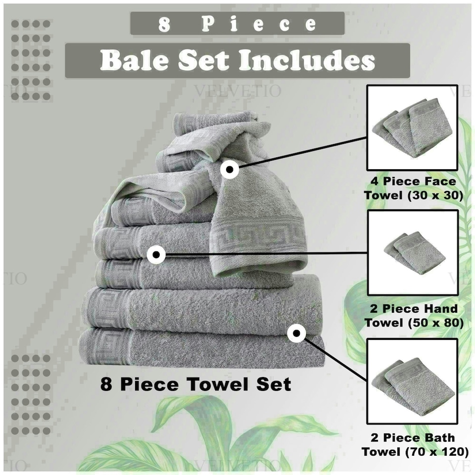 image 1 of VELVETIO 8 Piece Towel Bale Set Jacquard Greek Key Pattern - 100% Cotton, 450 GSM Grey | Charcoal