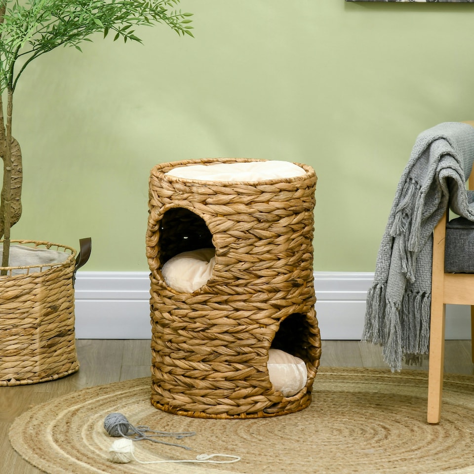 image 1 of PawHut 47cm Cat Barrel Tree for Indoor Cats w/ Two Cat Houses, Cushion