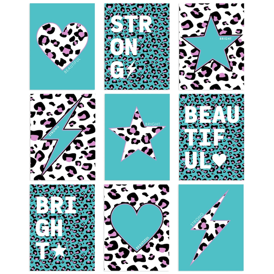 image 1 of Pack of 9 Turquoise Purple Leopard Pattern Heart Lightning Star Beautiful Bright Strong Wall Art Prints 12x16 Inch
