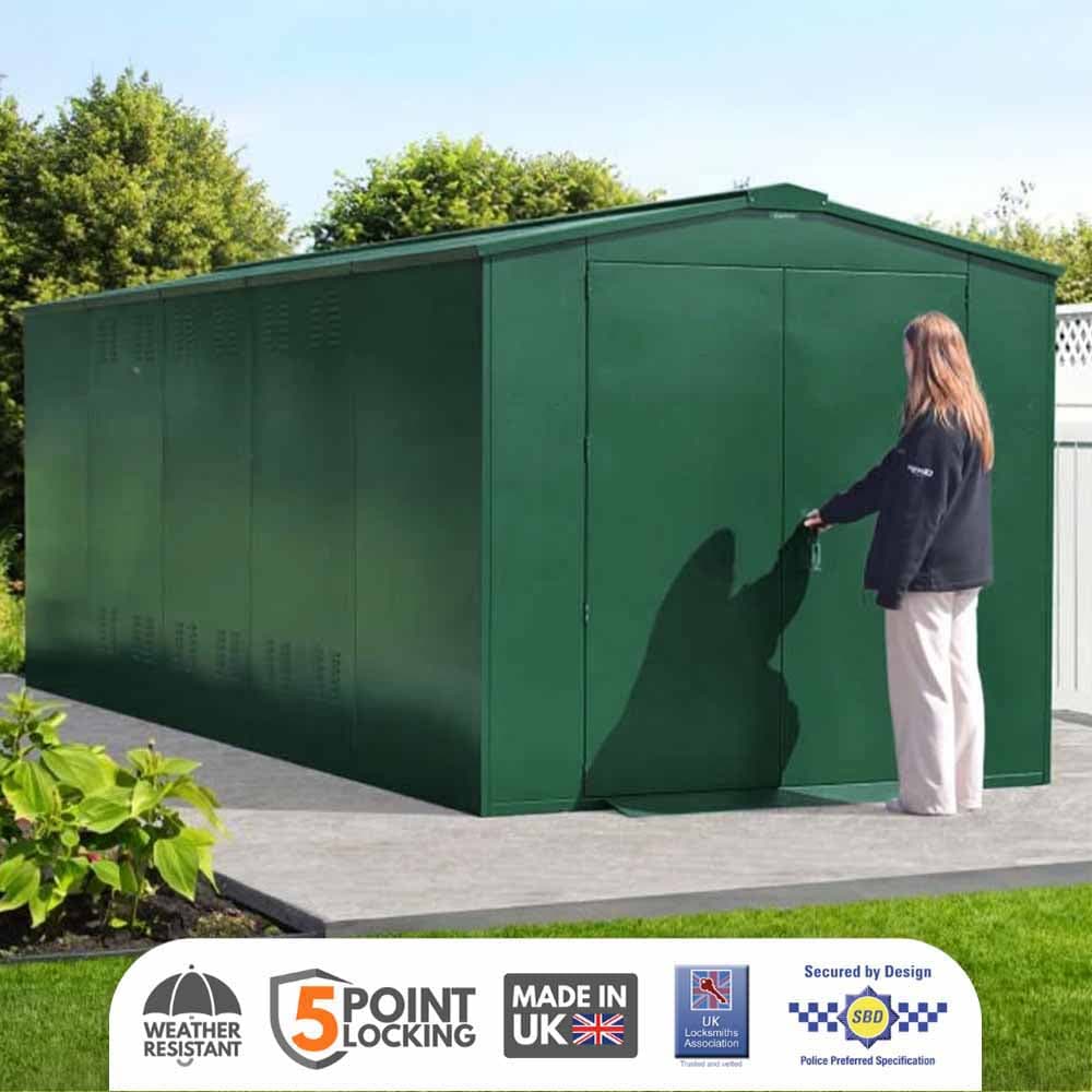 ASGARD Gladiator Secured by Design High Security metal garden shed in GREEN with full metal floor and 5 point locking (7 x 18)