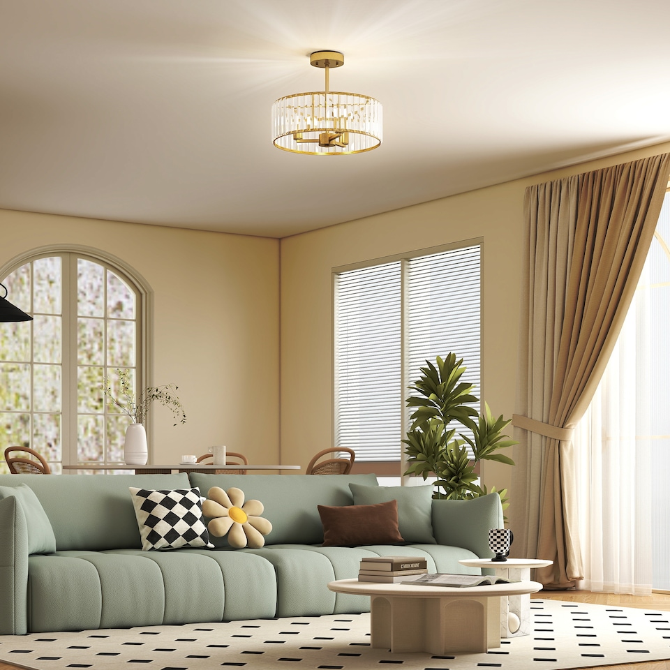 image 1 of HOMCOM Semi Flush Mount Modern Crystal Chandelier Ceiling Light, Gold Tone