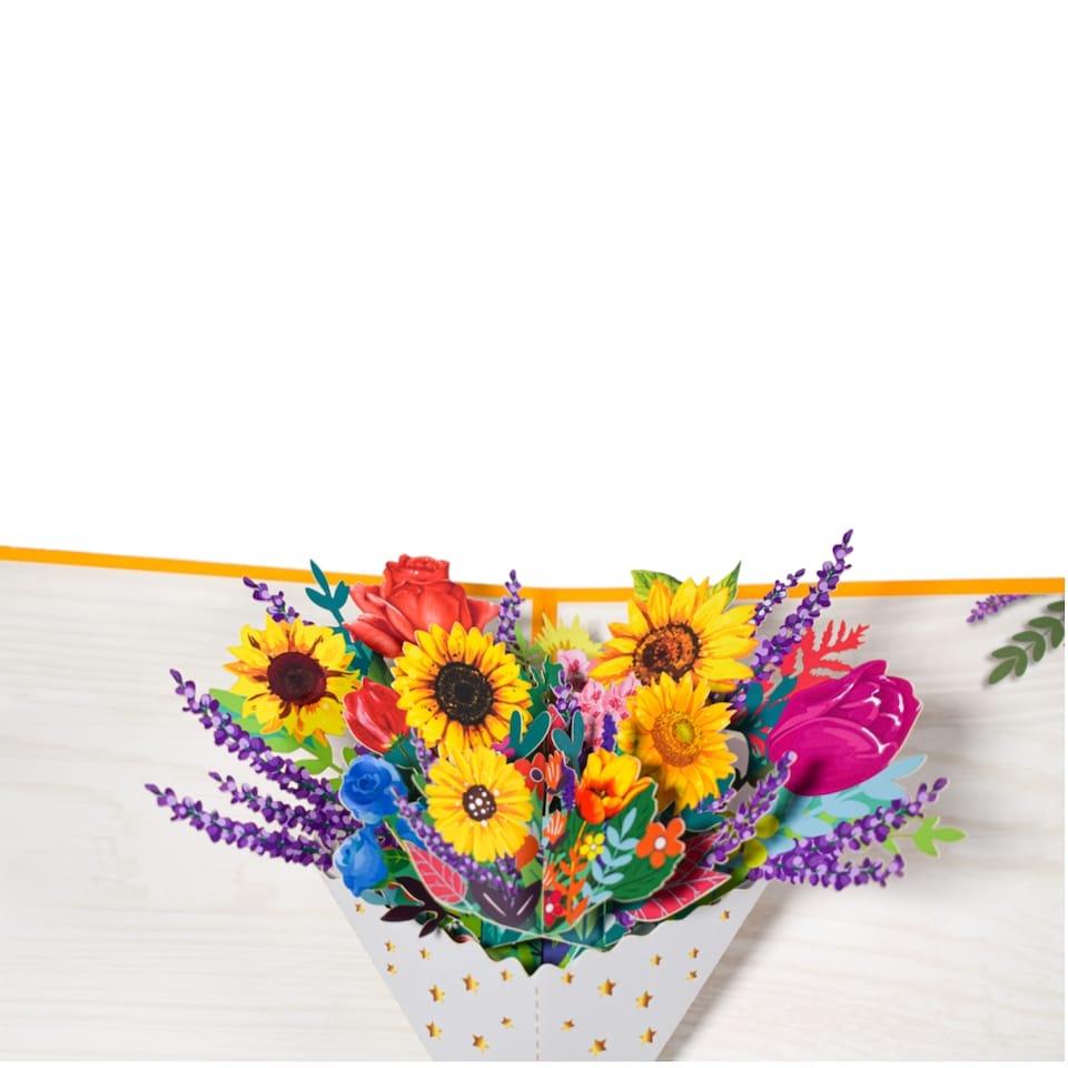 image 1 of Sunflower with Golden Bow Bright Bouquet Pop Up Greeting Card - Birthday Anniversary Valentine's Day