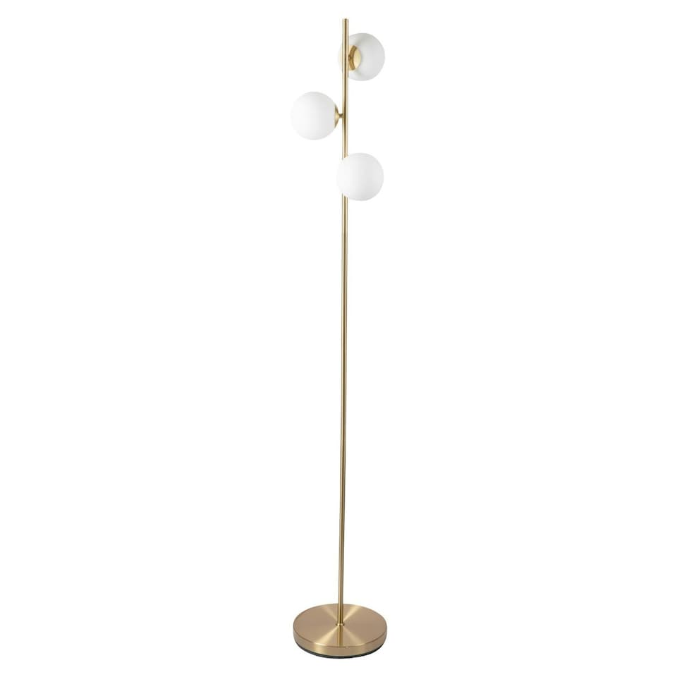 image 1 of First Choice Lighting Pair of Satin Brass Floor Lamps with Opal Globe Shades Bronze
