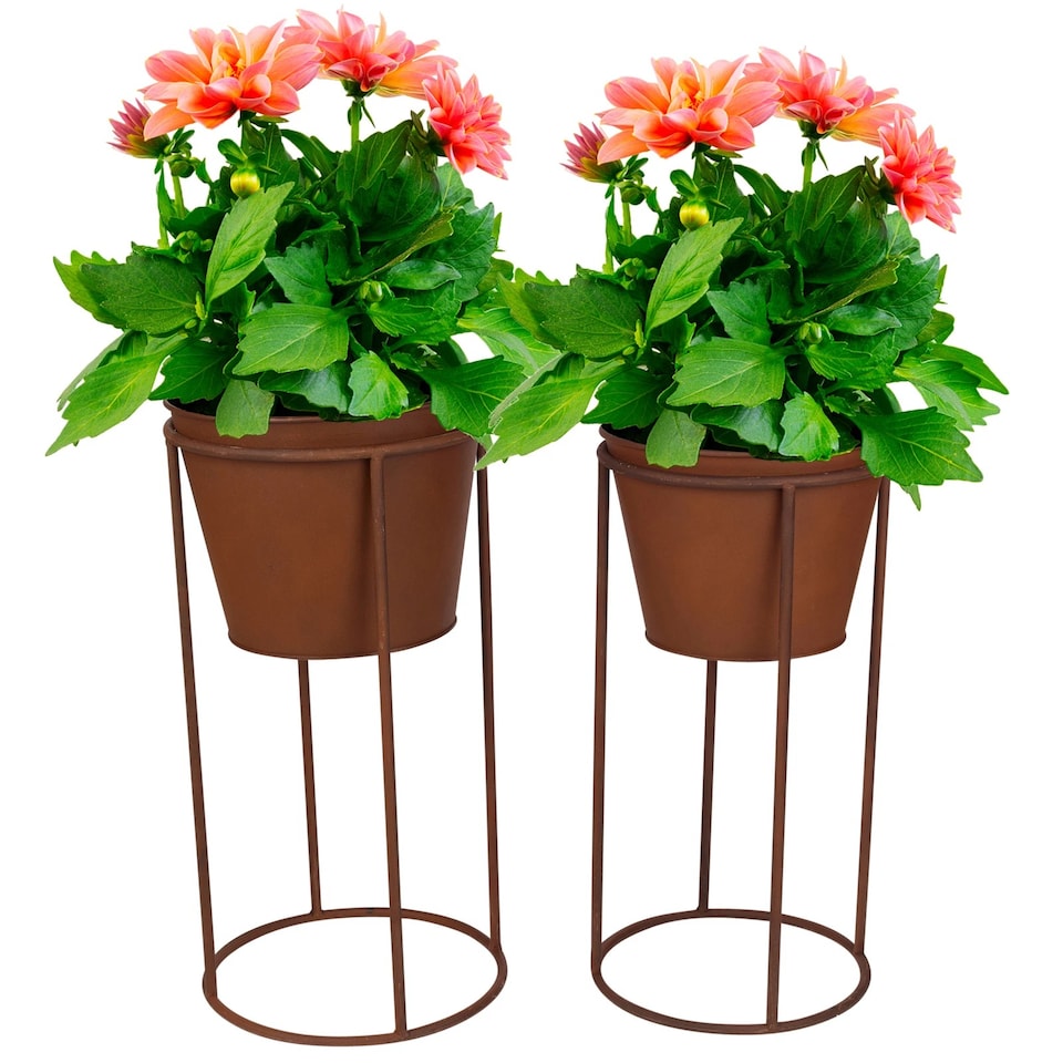 image 1 of Round 2Pc Outdoor Rustic Metal Plant Stand Flower Pot Holder Garden Decor