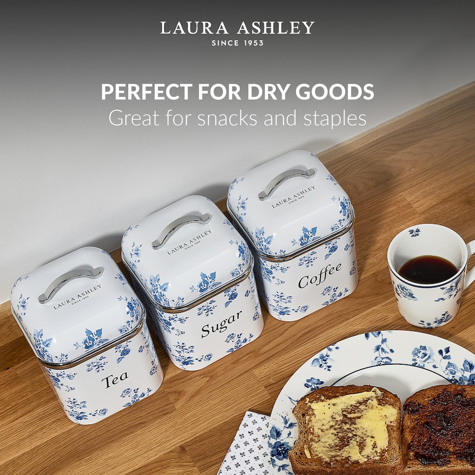 image 1 of VQ Laura Ashley Tea Coffee and Sugar Canisters Set of 3 Stainless Steel Tea